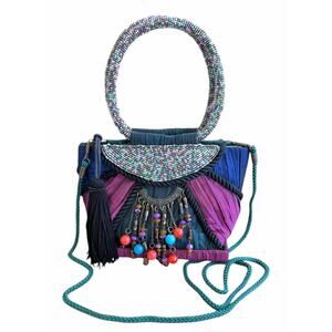 Boho Beaded Top Handle Bag Y2K Jewel Tone Mini Purse Festival Tassel Statement